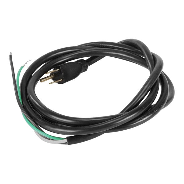 A black electrical cord with green and white wires.