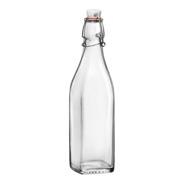 A Bormioli Rocco clear glass swing top bottle with a metal cap.