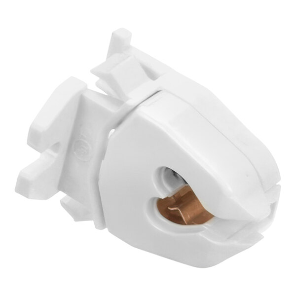 A white plastic Vollrath light bulb connector with a gold center.