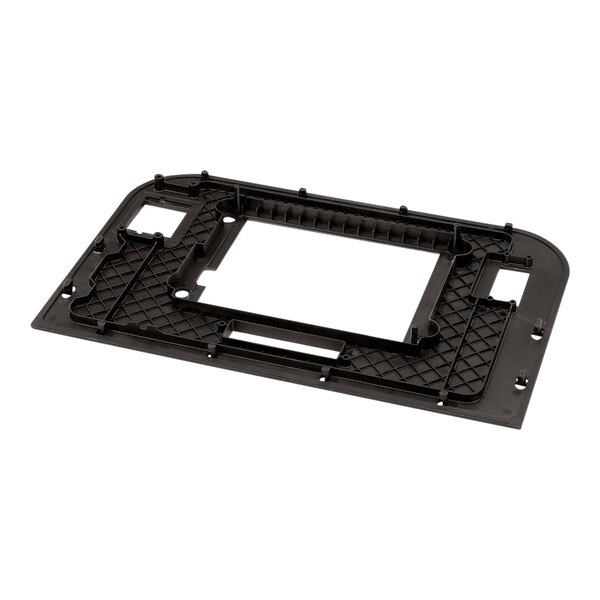 A black plastic frame with a metal plate and square hole.