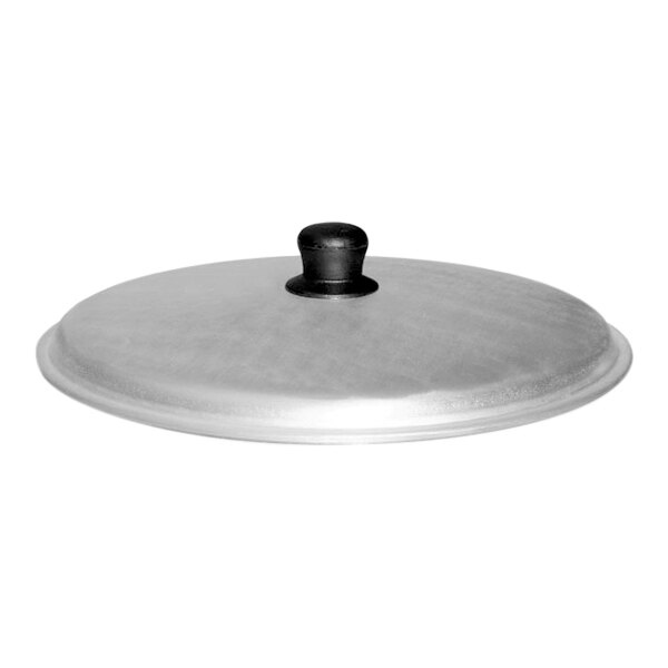 A silver Town cast aluminum pan lid with a black handle.