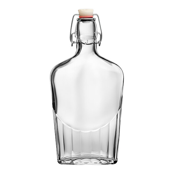 A clear glass Bormioli Rocco Swing Top flask.