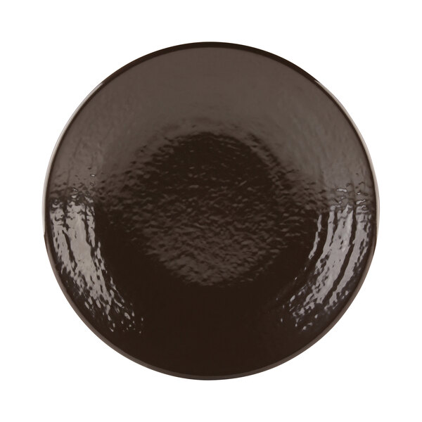 A close-up of an aubergine-colored Elite Global Solutions round plate with a shiny surface.