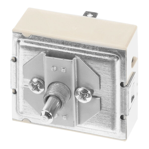 A Nemco 240V thermostat assembly with a metal cover over a metal piece with a bolt.