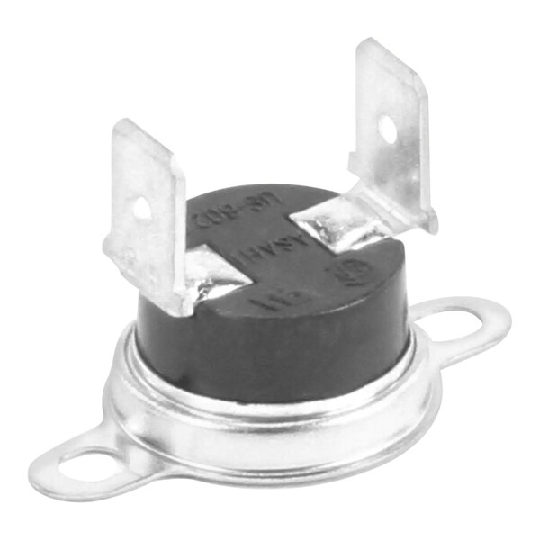 A black and silver metal object with two metal straps, the Merrychef Hi-Limit magnetron thermostat.