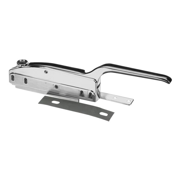 A chrome metal offset magnetic latch with a handle.