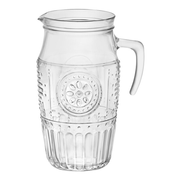 A Bormioli Rocco clear glass pitcher with a handle.