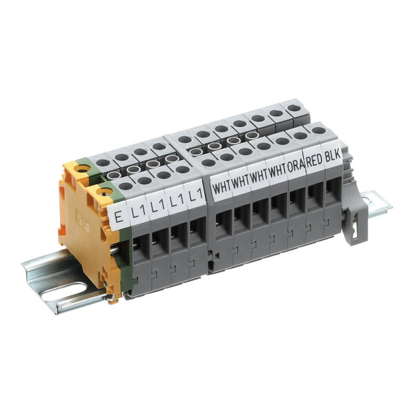 A white Garland terminal block with two terminals and two wires.