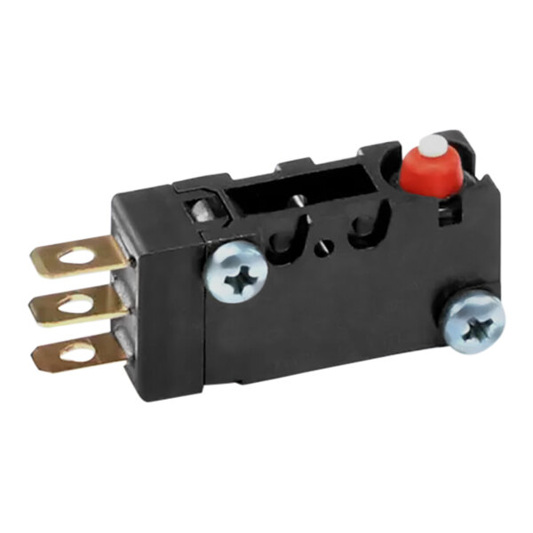 A black and white Follett Corporation 7 Series shuttle assembly switch with red and white buttons.