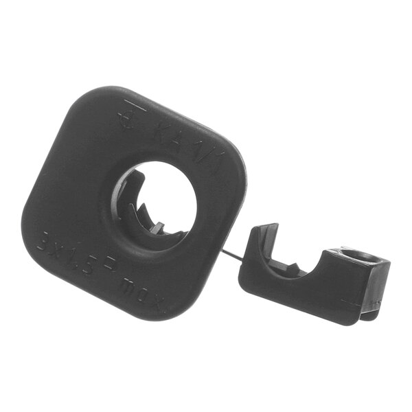 A black plastic square clip with a hole in it.