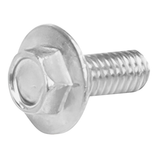 A close-up of a stainless steel screw with a nut on it.