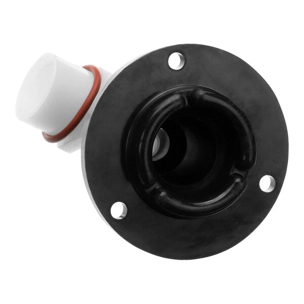 A black and white plastic pipe with a red ring and white cap.