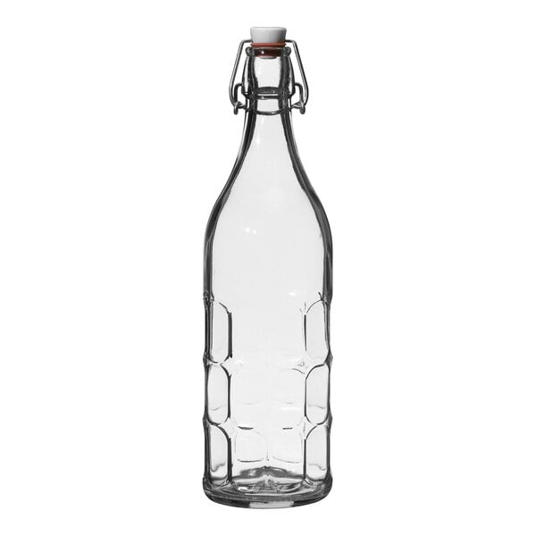 A Bormioli Rocco Moresca clear glass bottle with a metal swing top lid.