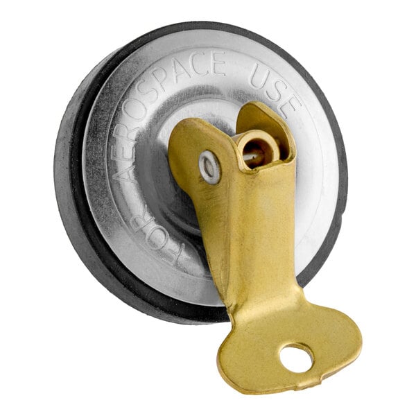 A metal and rubber drain plug with a brass lever, designed for aerospace use.