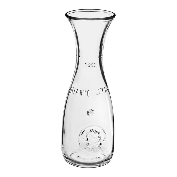 A clear glass Bormioli Rocco carafe with a neck.