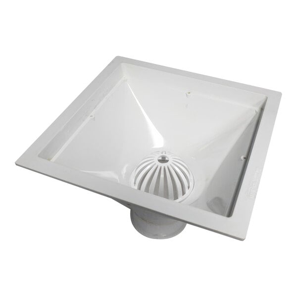 An Endura white plastic flangeless floor sink with a PVC hub and square drain cover.