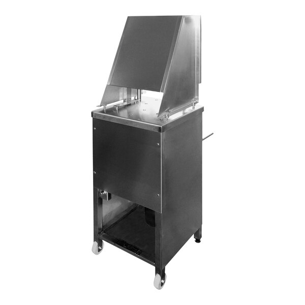 A stainless steel meat tenderizer machine with a lid.