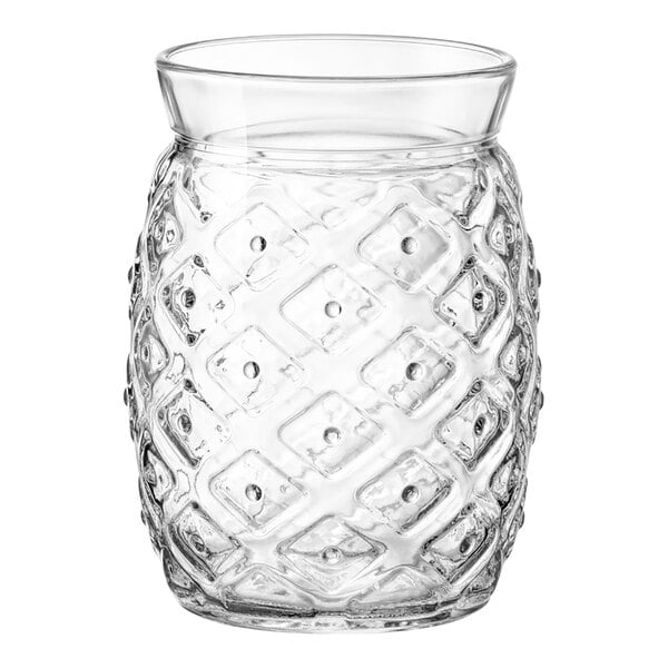 A clear Bormioli Rocco glass jar with a pattern.