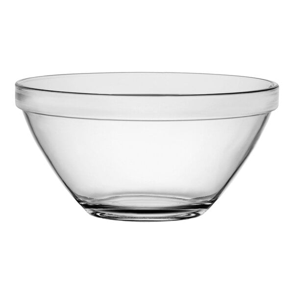 A clear glass Bormioli Rocco Pompei bowl with a rim.