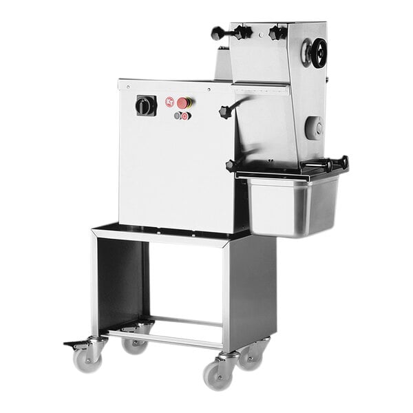 A white MEAT CUTTER STRIPS FS-19 machine on wheels with a stainless steel bowl.
