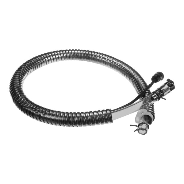 A metal heated assembly tube with a black and white wire.