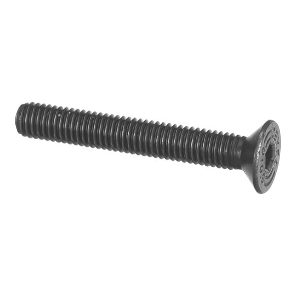 A black metal screw with a round head.