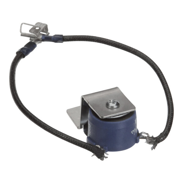 A blue and black Vollrath buzzer assembly electrical connector with a wire attached.