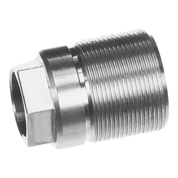 A close-up of a stainless steel threaded male connector with a nut.