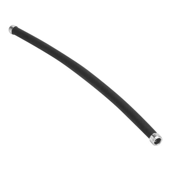 A black conduit hose with silver metal ends.