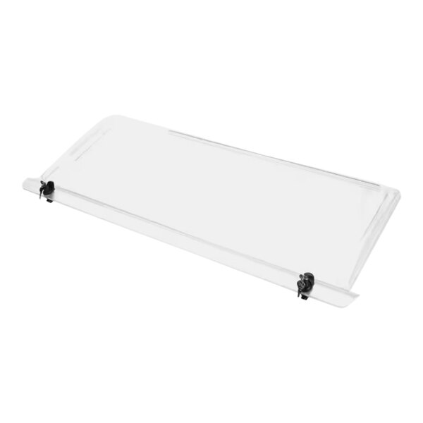 A clear plastic window with a metal handle.