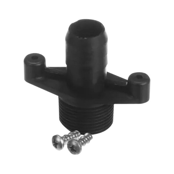 A black plastic drain fitting with screws.