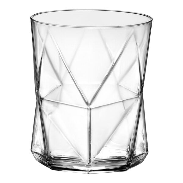 A clear Bormioli Rocco Cassiopea rocks glass with a triangular design.