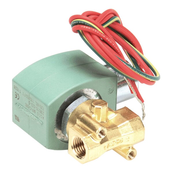 A close-up of a green and gold Vollrath solenoid valve with wires.