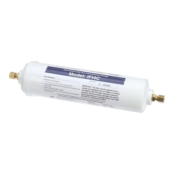 An Ice-O-Matic water filter cartridge with black text on a white plastic cylinder.