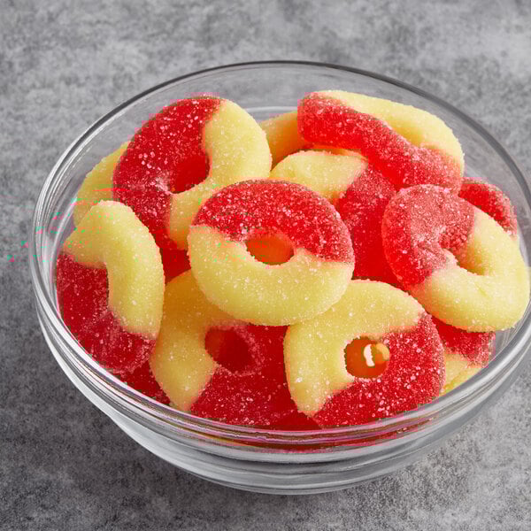 A bowl of Albanese strawberry banana gummy rings.