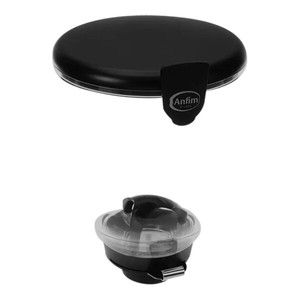 An Anfim bean hopper, a black container with a clear plastic lid.