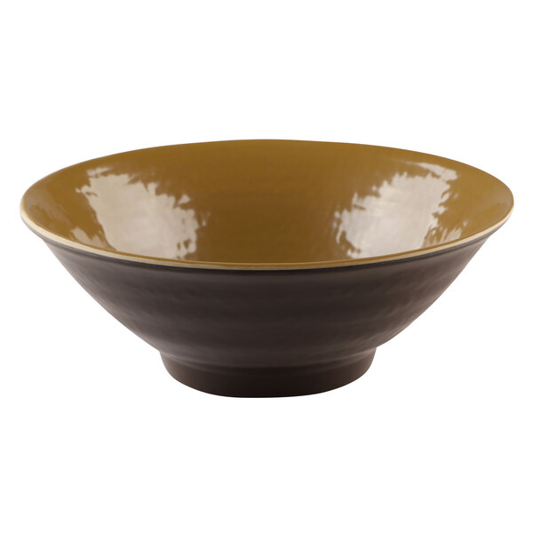 A brown bowl with a black and brown design.