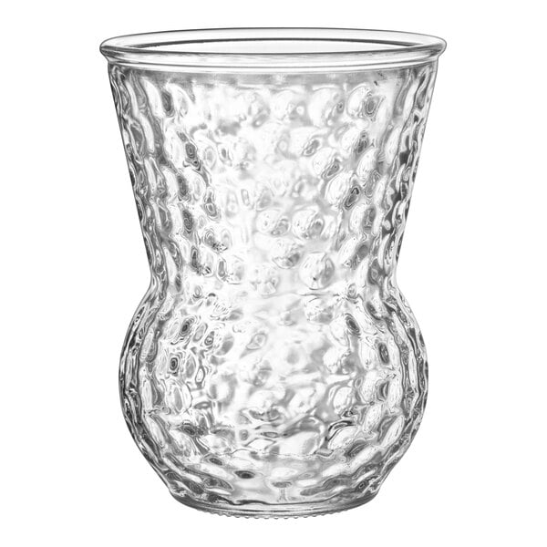 A clear Bormioli Rocco glass with a textured surface.