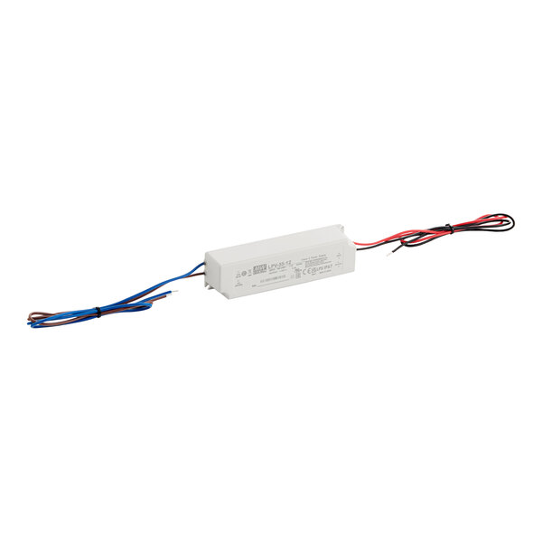 A white rectangular MainStreet Equipment LED driver with red and blue wires.