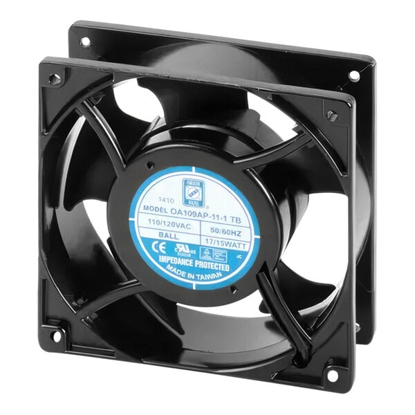 A black Garland / US Range fan with blue blades.