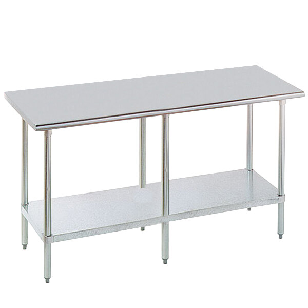 An Advance Tabco stainless steel work table with a galvanized steel shelf.