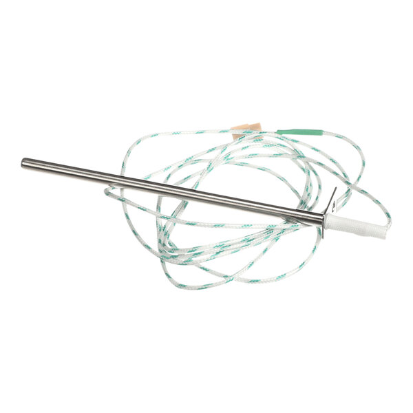 A metal wire with a metal rod on one end and a white rubber handle on the other.