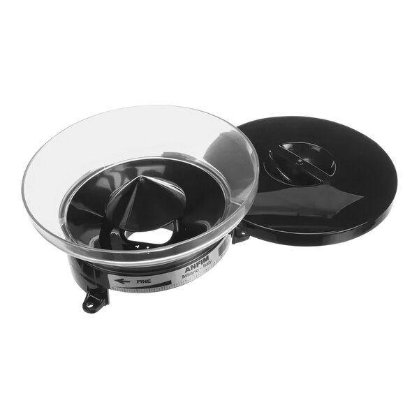 An Anfim coffee hopper with a black and clear bowl and black lid.