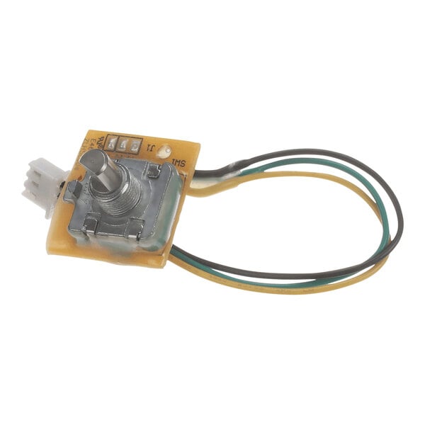 A close-up of a Vollrath potentiometer with wires and a connector.