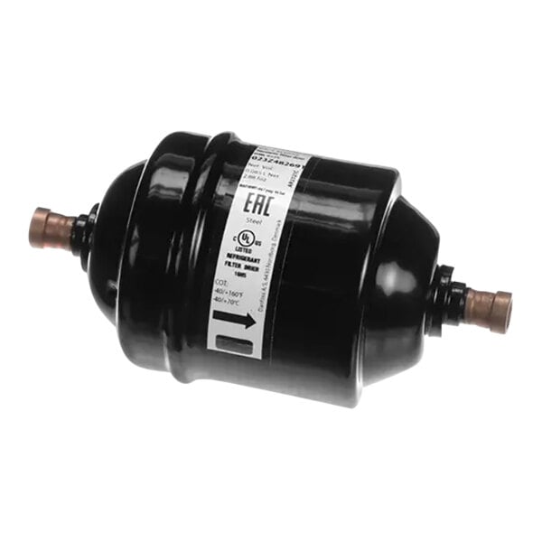 A black filter dryer for a Follett ice machine with copper fittings.
