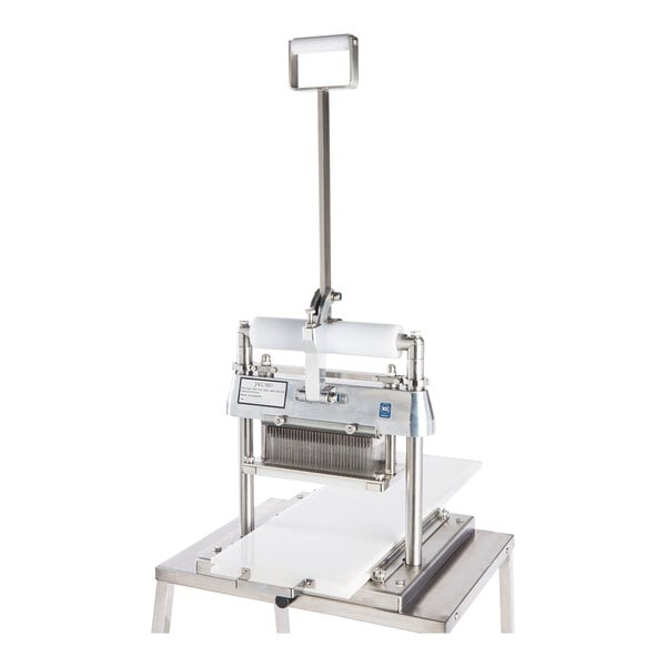 A stainless steel commercial meat tenderizer machine with a stand and a handle on top.