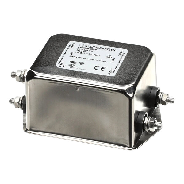 A silver Merrychef mains filter box with a white label.