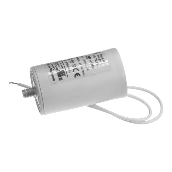 An Anfim white cylindrical capacitor with a label and a wire.