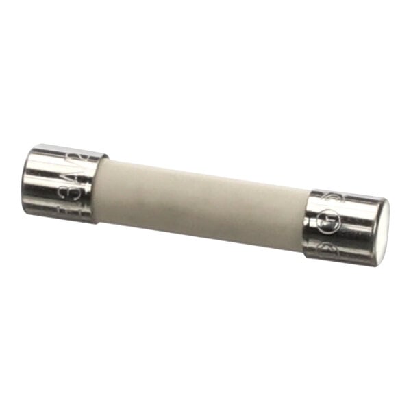 A white and silver metal fuse with black tips.