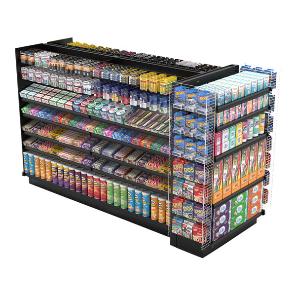 A black Lozier double-sided island pegboard gondola shelf with different products on it.